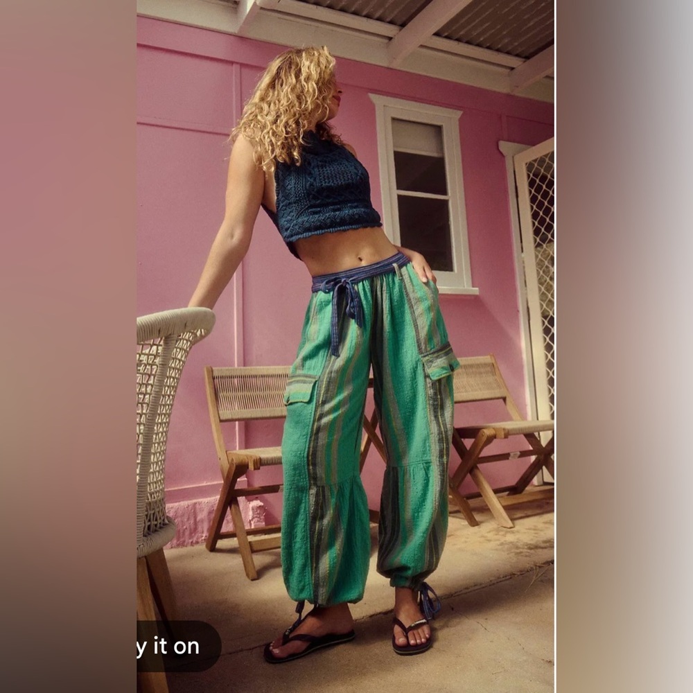 Free People Green Striped Wide-Leg Cargo Pants size xs